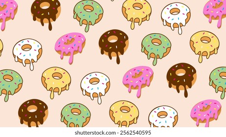 Donuts pattern background. Donuts illustration pattern. Donuts background. Perfect for fabrics, print, textile, wallpaper, and decor. SSTKbackgrounds 