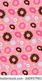 Donuts pattern background. Donuts illustration pattern. Donuts background. Perfect for fabrics, print, textile, wallpaper, and decor. SSTKbackgrounds 