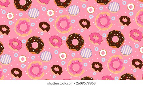 Donuts pattern background. Donuts illustration pattern. Donuts background. Perfect for fabrics, print, textile, wallpaper, and decor. SSTKbackgrounds 