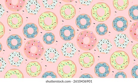 Donuts pattern background. Donuts illustration pattern. Donuts background. Perfect for fabrics, print, textile, wallpaper, and decor. SSTKbackgrounds 