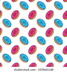 donuts pattern in blue and pink vector drawing on a white background