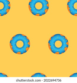 Donuts pattern. Donuts with icing and sprinkling on a blue background. Vector 3d background.