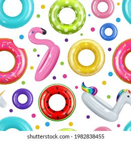 Donuts Pattern. Inflatable Swimming Rings Rubber Summer Toys For Pool Attractions Decent Vector Seamless Background