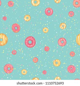 Donuts pattern on turquoise backdrop. Bright seamless pattern with pastel color pallete for textile, wallpaper, wrapping