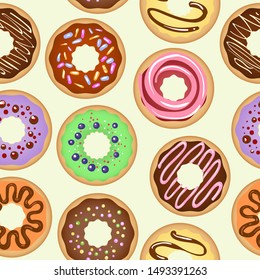 Donuts pattern. Seamless illustration with vector donut sweetness for kids vacation, summer cartoon chocolate cupcakes background