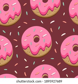 Donuts pattern, sprinkles and cakes food illustration pattern design. Hand drawn vector confectionary pattern. Sweet dessert illustration seamless pattern.