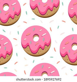 Donuts pattern, sprinkles and cakes food illustration pattern design. Hand drawn vector confectionary pattern. Sweet dessert illustration seamless pattern.