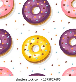 Donuts pattern, sprinkles and cakes food illustration pattern design. Hand drawn vector confectionary pattern. Sweet dessert illustration seamless pattern.