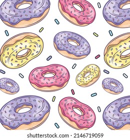 Donuts pattern, sprinkles and cakes food illustration pattern design. Hand drawn vector confectionary pattern. Sweet dessert illustration seamless pattern.