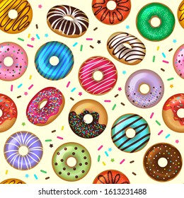 Donuts pattern. Tasty bakery dessert vector colored seamless background