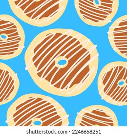 Patrón de donuts. Ilustración vectorial en estilo plano de caricatura aislado en fondo azul