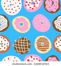 Donuts pattern. Vector illustration in cartoon flat style isolated on blue background