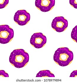 Donuts pattern with violet icing. Seamless white pattern. Background for cafes, restaurants, coffee shops, catering. Design texture for menu, booklet, banner, website. Vector illustration.