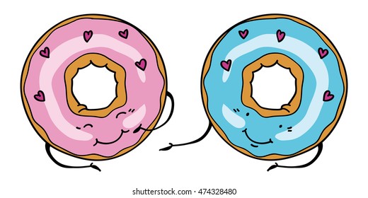 Donuts with pink and blue icing. Donut isolated on a white background. Comic characters. Vector picture with donut. Sugar donut illustration. Vector cartoon. 