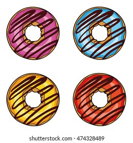 Donuts with pink, blue, yellow and red glaze. Donuts topped with chocolate. Donut set isolated on a white background. Vector picture with donut. Vector illustration.