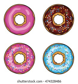 Donuts with pink, brown and blue glaze. Donuts with powder. Donut set isolated on a white background. Vector picture with donut. Vector illustration.