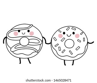 Donuts with pink cheeks. Cute kawaii cartoon dessert. Two Doodle character on white background. Vector line illustration for kids design, colorings.