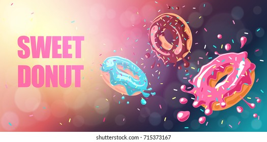 Donuts with pink, chocolate and blue mint  glaze falling on chocolate background. Splashes  of glaze and colored sprinkles. Vector background, horizontal banner.