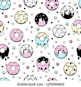 Donuts with pink, chocolate, lemon, blue mint glaze falling on white background. Splashes of colored glaze and colored sprinkles. Seamless pattern