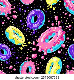 Donuts with pink, chocolate, lemon, blue mint glaze falling on black background. Splashes of colored glaze and colored sprinkles. Seamless pattern. Texture for fabric, wrapping, wallpaper