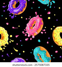 Donuts with pink, chocolate, lemon, blue mint glaze falling on black background. Splashes of colored glaze and colored sprinkles. Seamless pattern. Texture for fabric, wrapping, wallpaper