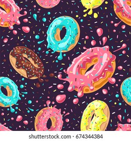 Donuts with pink, chocolate, lemon, blue mint glaze falling on dark background. Splashes of colored glaze and colored sprinkles. Seamless pattern