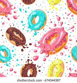 Donuts with pink, chocolate, lemon, blue mint glaze falling on white background. Splashes of colored glaze and colored sprinkles. Seamless pattern