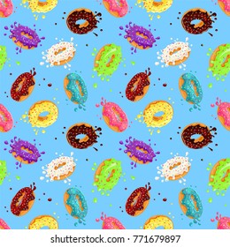 Donuts with pink, chocolate, lemon, blue mint glaze falling on blue background. Splashes of colored glaze and colored sprinkles. Seamless pattern