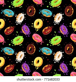 Donuts with pink, chocolate, lemon, blue mint glaze falling on black background. Splashes of colored donut's glaze and colored sprinkles. Seamless pattern