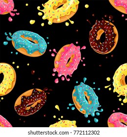 Donuts with pink, chocolate, lemon, blue mint glaze falling on black background. Splashes of colored glaze and colored sprinkles. Seamless pattern