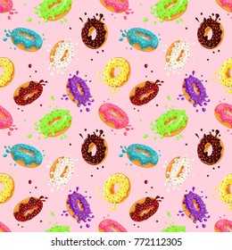 Donuts with pink, chocolate, lemon, blue mint glaze falling on pink background. Splashes of colored glaze and colored sprinkles. Seamless pattern