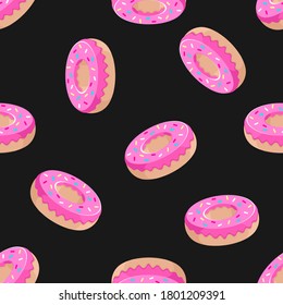 Donuts with pink and colored sprinkles in an isometric projection on black background.  Seamless pattern. Texture for fabric, wrapping, wallpaper