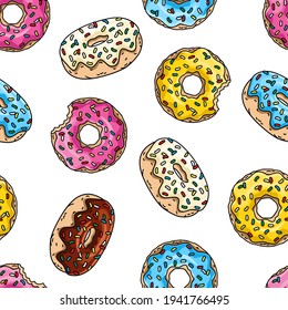 Donuts with pink glaze, chocolate donut, lemon, blue mint donut's glaze  on white background..  Seamless pattern. Texture for fabric, wrapping, wallpaper. Decorative print
