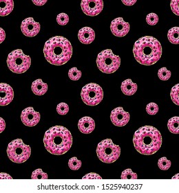 Donuts with pink glaze and colored sprinkles  on black background.  Seamless pattern. Texture for fabric, wrapping, wallpaper. Decorative print.