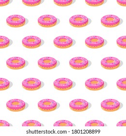 Donuts with pink glaze and colored sprinkles in an isometric projection on white background.  Seamless pattern. Texture for fabric, wrapping, wallpaper