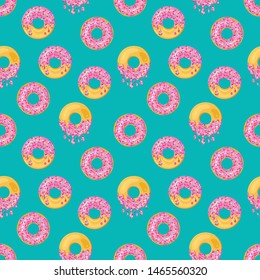 Donuts with pink glaze falling on blue background. Splashes of colored glaze and colored sprinkles. Seamless pattern. Texture for fabric, wrapping, wallpaper. Decorative print.