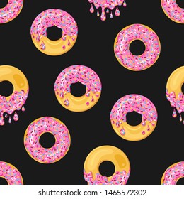 Donuts with pink glaze falling on dark background. Splashes of colored glaze and colored sprinkles. Seamless pattern. Texture for fabric, wrapping, wallpaper. Decorative print.