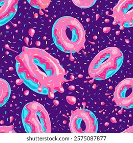 Donuts with pink glaze falling on purple background. Splashes of colored glaze and colored sprinkles. Seamless pattern. Texture for fabric, wrapping, wallpaper