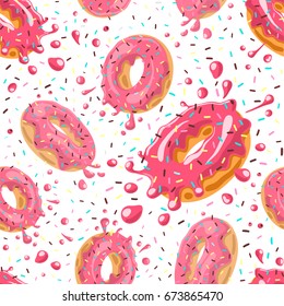 Donuts with pink glaze falling on white background. Splashes of pink glaze and colored sprinkles. Seamless pattern