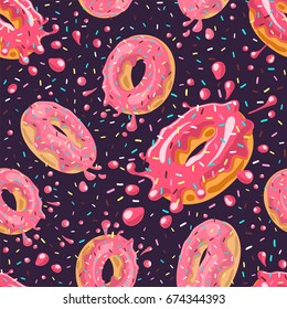 Donuts with pink glaze falling on dark background. Splashes of pink glaze and colored sprinkles. Seamless pattern