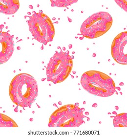 Donuts with pink glaze falling on white background. Splashes of pink glaze and colored sprinkles. Seamless pattern