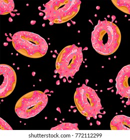 Donuts with pink glaze falling on black background. Splashes of colored  glaze and colored sprinkles. Seamless pattern
