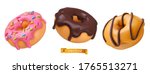 Donuts with pink icing and chocolate. 3d vector realistic objects. Food icon set