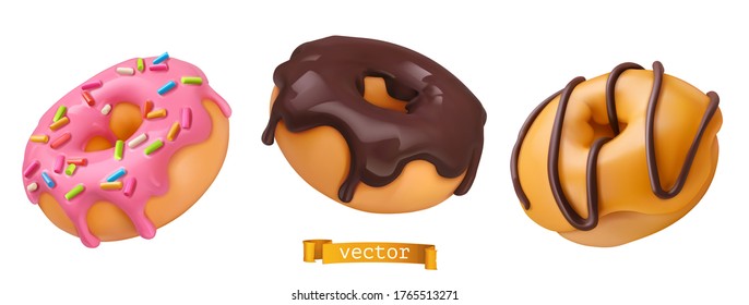 Пончики с розовой глазурью и шоколадом. 3d векторные реалистичные объекты. Набор иконок еды