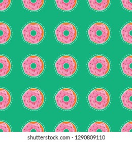 Donuts with pink icing and chocolate decoration. Vector cartoon pattern. Gift paper.