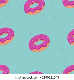 Donuts with pink icing are falling on a green background. Colored glaze and colored sprinkles. Seamless pattern