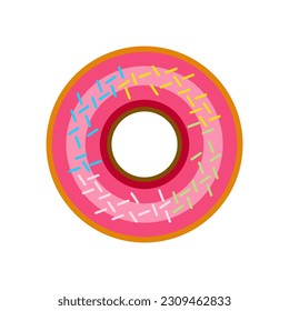 Donuts with pink icing and meises topping. Flat 3d realistic vector illustration top view in trendy style. National Doughnut Day icon. Editable graphic resources for many purposes.
