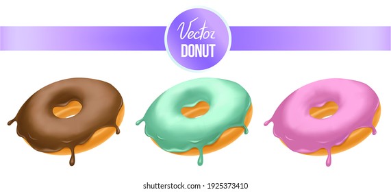 Donuts with pink icing mint icing and chocolate. 3d vector realistic objects. Food icon set. Donut icon set. Donuts for packaging