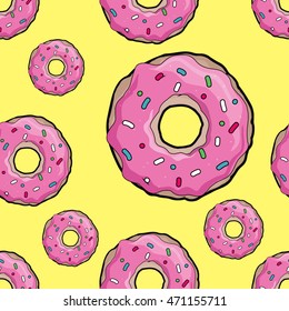 Donuts with pink icing. Seamless yellow pattern. Background for cafes, restaurants, coffee shops, catering. Design texture for menu, booklet, banner, website. Vector illustration.