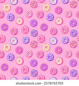 Donuts with pink and purple glaze and colored sprinkles falling on pink background.Seamless pattern. Texture for fabric, wrapping, wallpaper. Decorative print